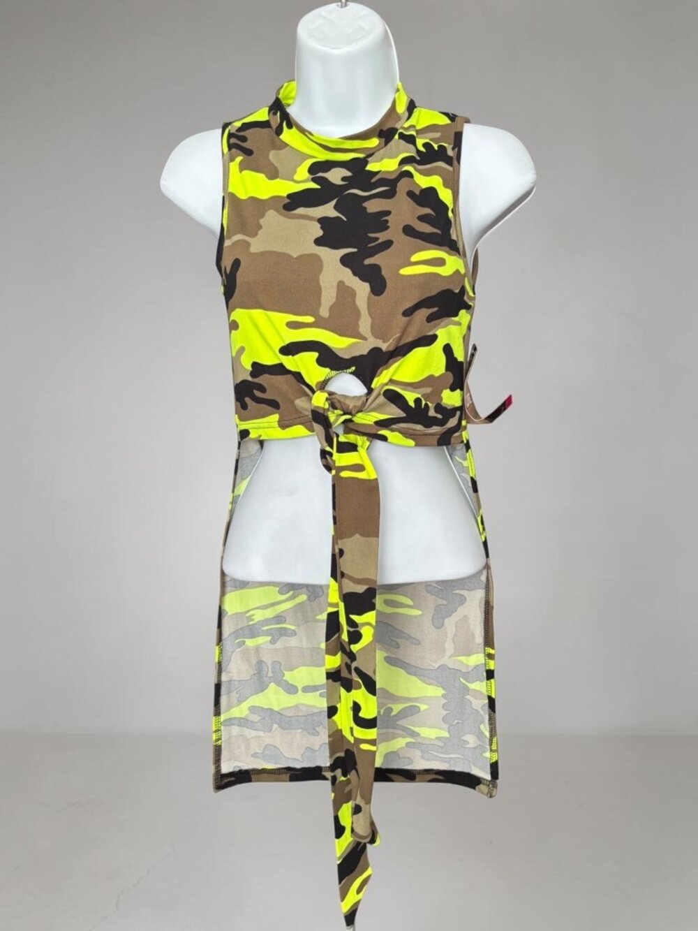 Neon Yellow Camouflage Sleeveless Tie-Front Top & Back Keyhole Detail - Size M n